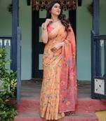 Yellow printed art silk designer pallu saree