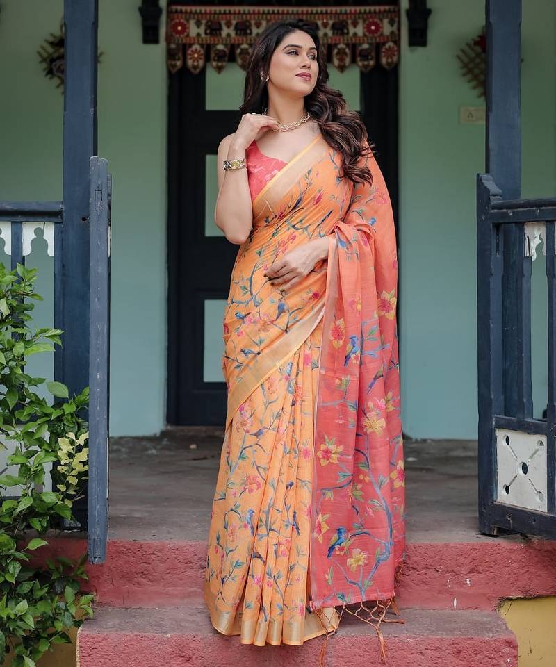 Yellow printed art silk designer pallu saree