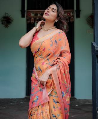 Yellow printed art silk designer pallu saree 4