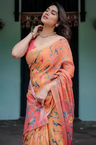 Yellow printed art silk designer pallu saree