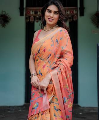 Yellow printed art silk designer pallu saree 5