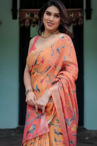 Yellow printed art silk designer pallu saree