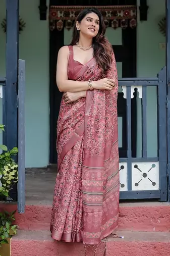 Onion pink printed art silk designer pallu saree