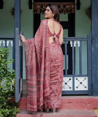 Onion pink printed art silk designer pallu saree 3