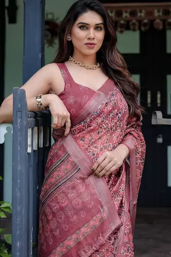 Onion pink printed art silk designer pallu saree