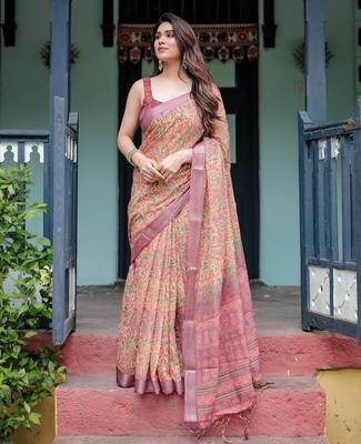 Yellow printed art silk designer pallu saree 1