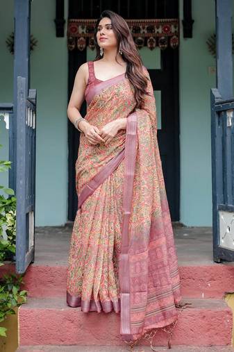 Yellow printed art silk designer pallu saree