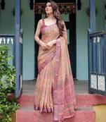 Yellow printed art silk designer pallu saree