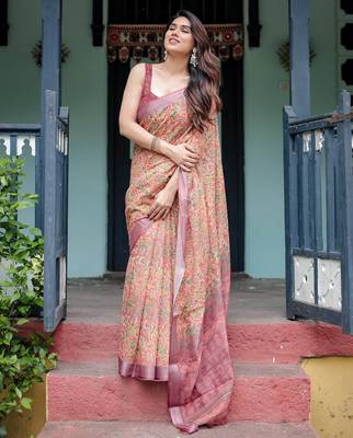 Yellow printed art silk designer pallu saree 3