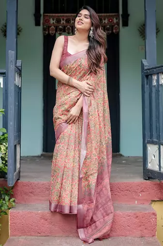 Yellow printed art silk designer pallu saree