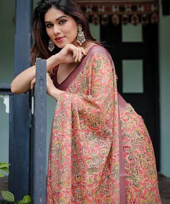 Yellow printed art silk designer pallu saree 4