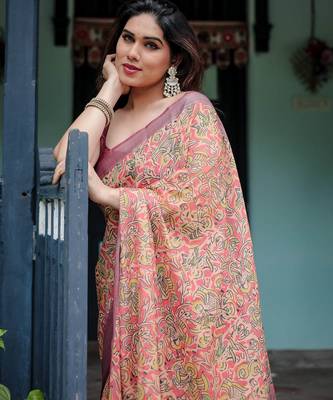 Yellow printed art silk designer pallu saree 5