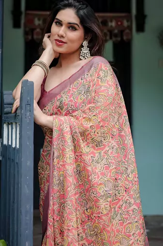 Yellow printed art silk designer pallu saree