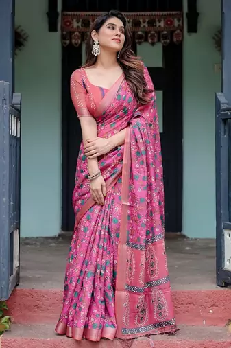 Pink printed art silk designer pallu saree