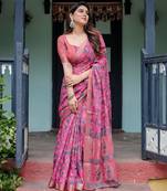 Pink printed art silk designer pallu saree