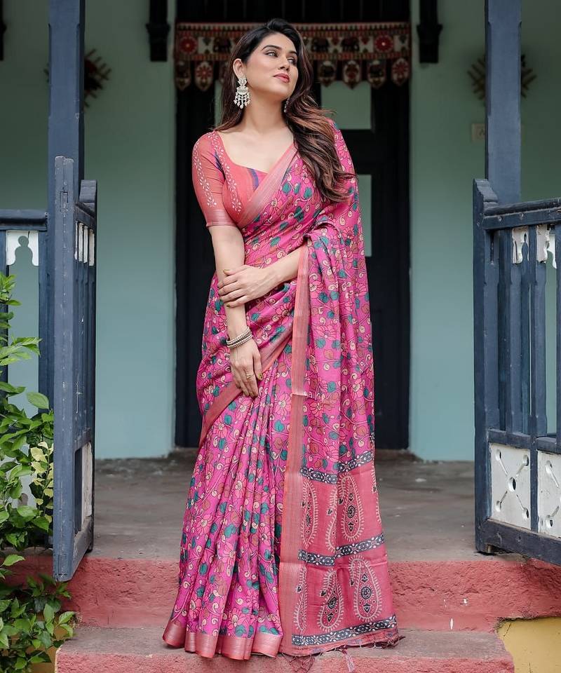 Pink printed art silk designer pallu saree