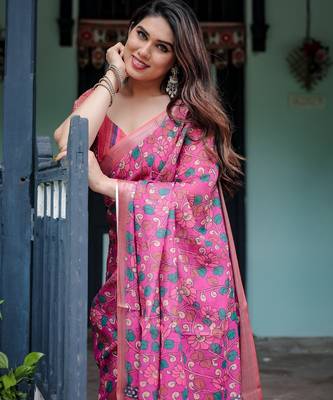 Pink printed art silk designer pallu saree 4