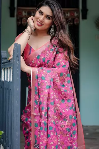 Pink printed art silk designer pallu saree