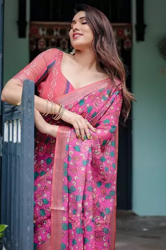 Pink printed art silk designer pallu saree