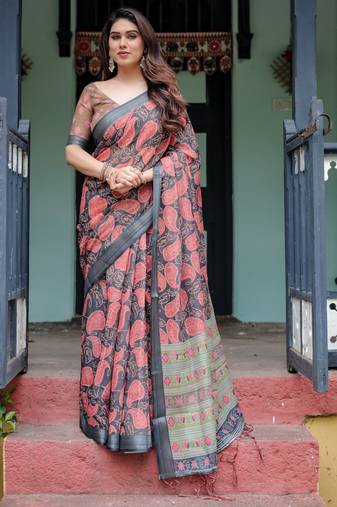 Black printed art silk designer pallu saree