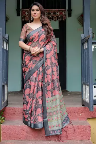 Black printed art silk designer pallu saree