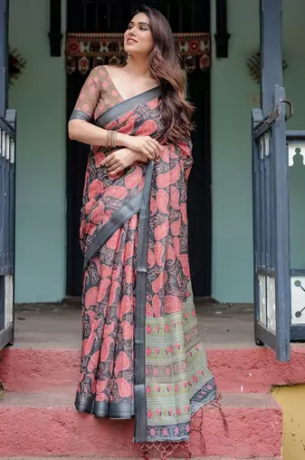 Black printed art silk designer pallu saree