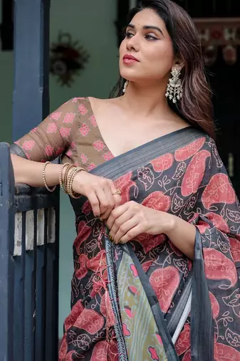 Black printed art silk designer pallu saree
