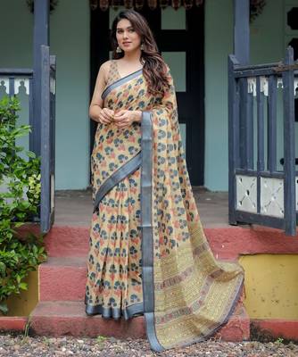 Yellow printed art silk designer pallu saree 1