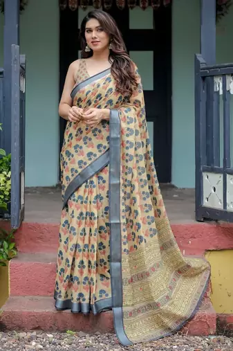 Yellow printed art silk designer pallu saree