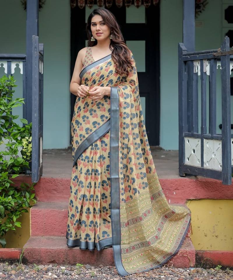 Yellow printed art silk designer pallu saree