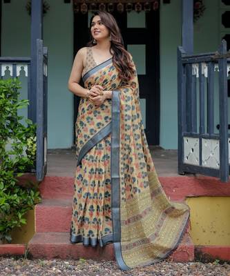 Yellow printed art silk designer pallu saree 2
