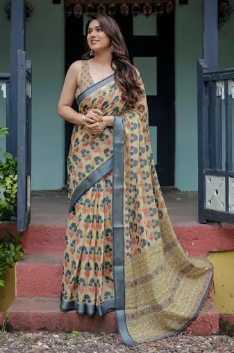 Yellow printed art silk designer pallu saree