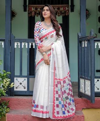 White printed art silk designer pallu saree 2