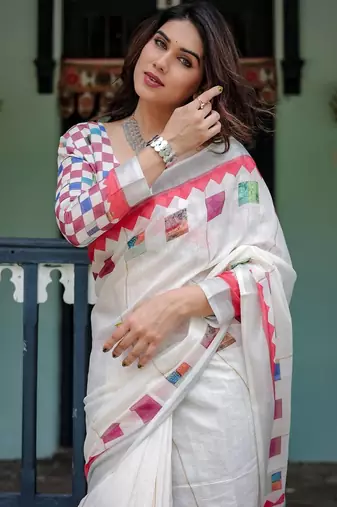 White printed art silk designer pallu saree