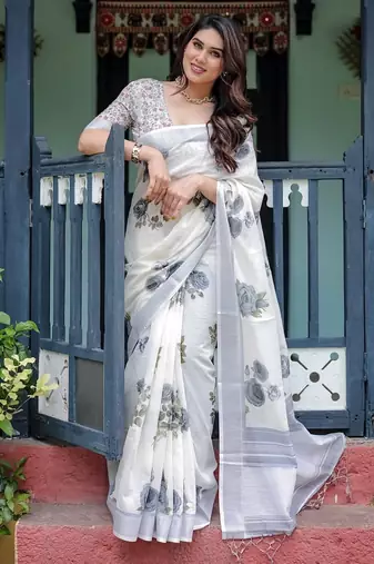 White printed art silk designer pallu saree