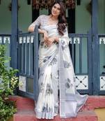 White printed art silk designer pallu saree