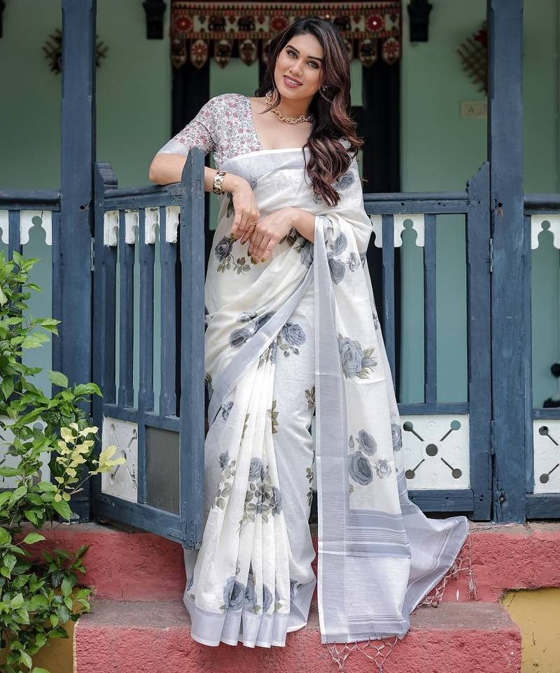 White printed art silk designer pallu saree