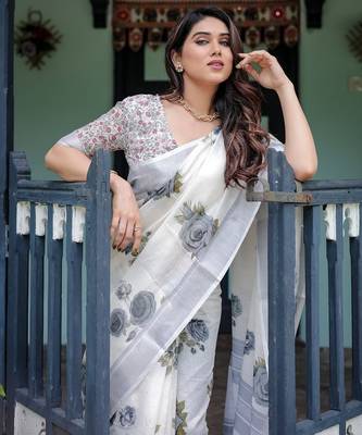 White printed art silk designer pallu saree 4