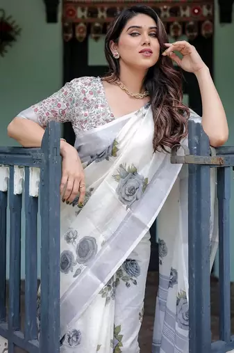 White printed art silk designer pallu saree