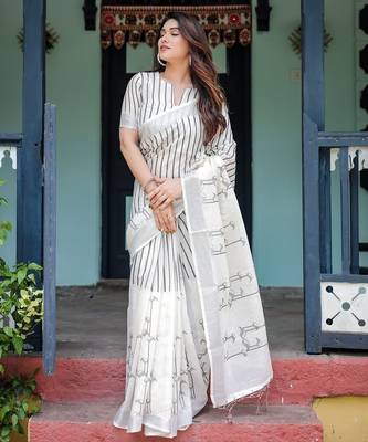 White printed art silk designer pallu saree 2