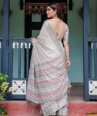 Light grey printed art silk designer pallu saree 3