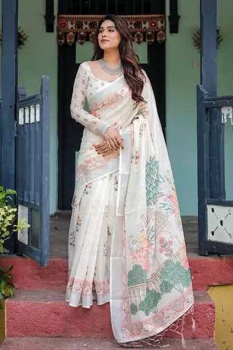 White printed art silk designer pallu saree