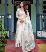 White printed art silk designer pallu saree