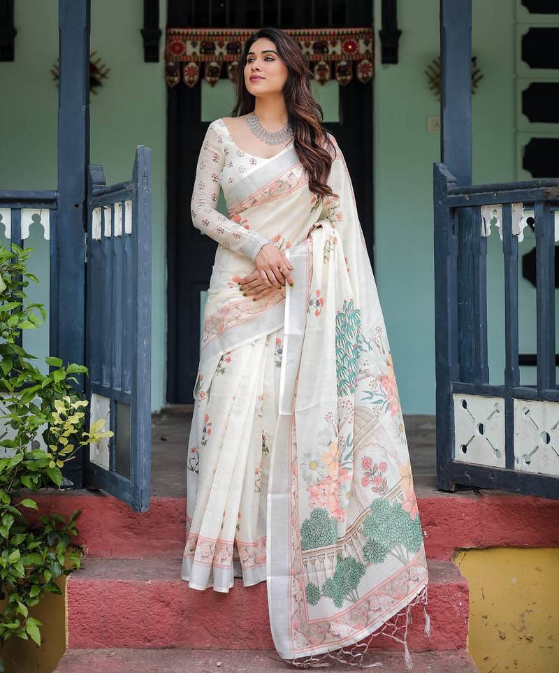 White printed art silk designer pallu saree