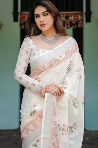 White printed art silk designer pallu saree