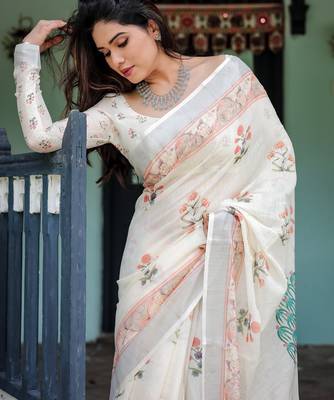 White printed art silk designer pallu saree 5