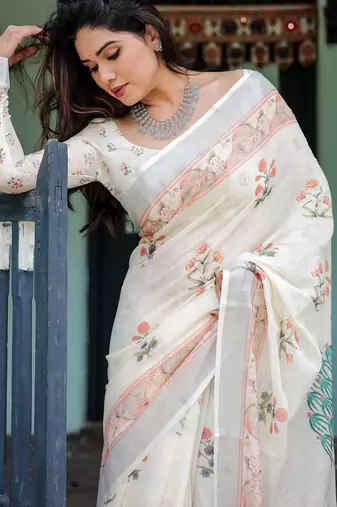 White printed art silk designer pallu saree