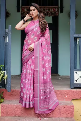 Pink printed art silk designer pallu saree