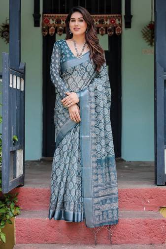 Teal printed art silk designer pallu saree