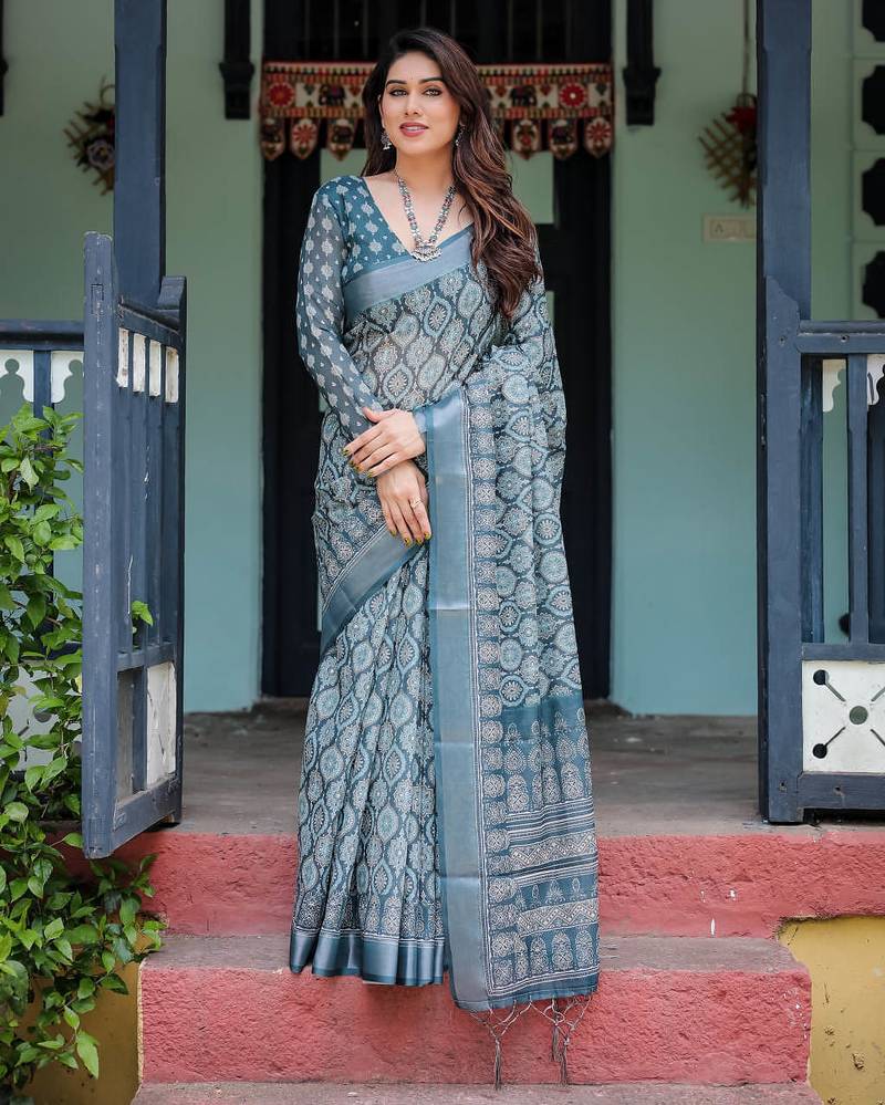 Teal printed art silk designer pallu saree